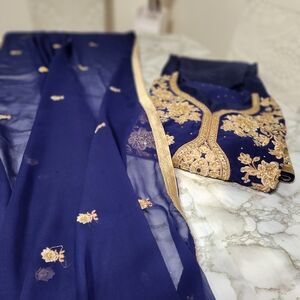 Elegant Navy Blue and Gold Embroidered Outfit Pakistani Indian Dress